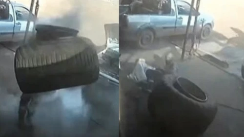 Pneu explode durante calibragem e arremessa borracheiro