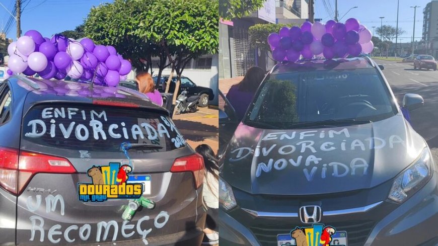 VÍDEO: Mulher celebra divórcio com carro decorado e buzinaço e vídeo viraliza; Confira