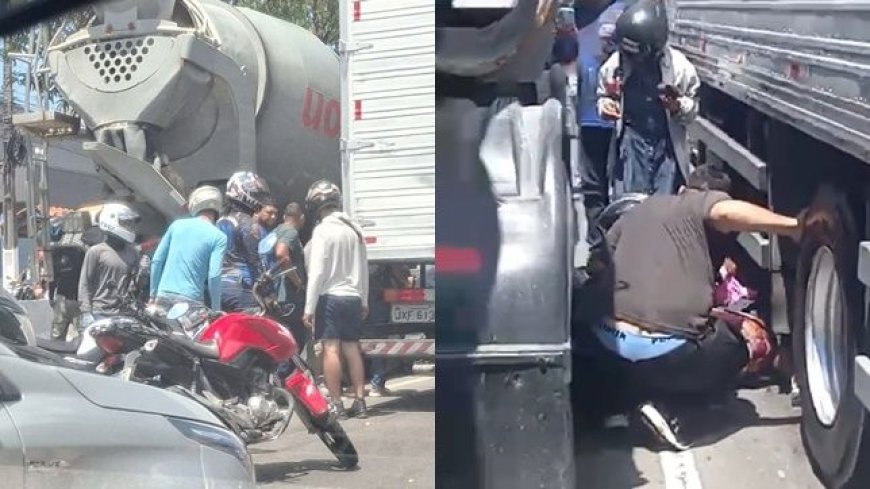 VÍDEO: Motociclista cai entre dois caminhões e fica gravemente ferido; vídeo mostra resgate dramático