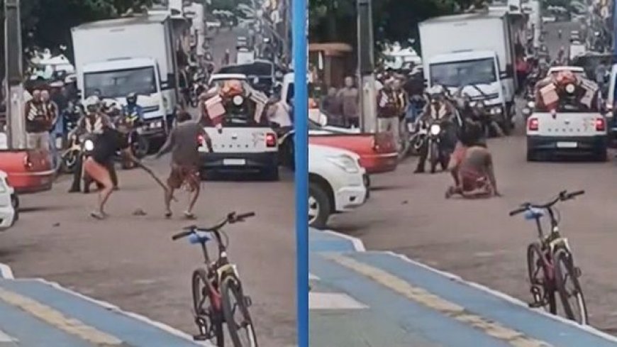 VÍDEO: Homem furta barraca de venda e leva 'lambadas de facão; vídeo mostra momento da agressão